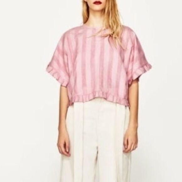 Zara Pink Striped Linen Boxy Top Size S - Picture 3 of 8